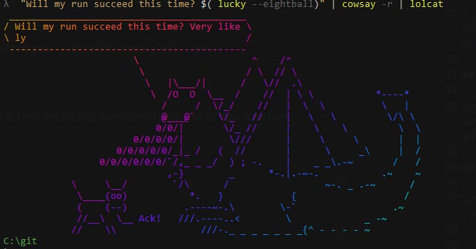 CLI rendered dragon with lolcat
