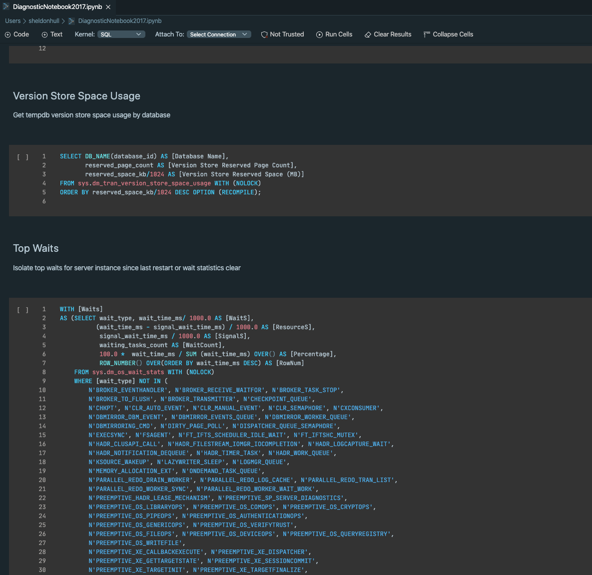 Shows the diagnostic query view in Azure Data Studio