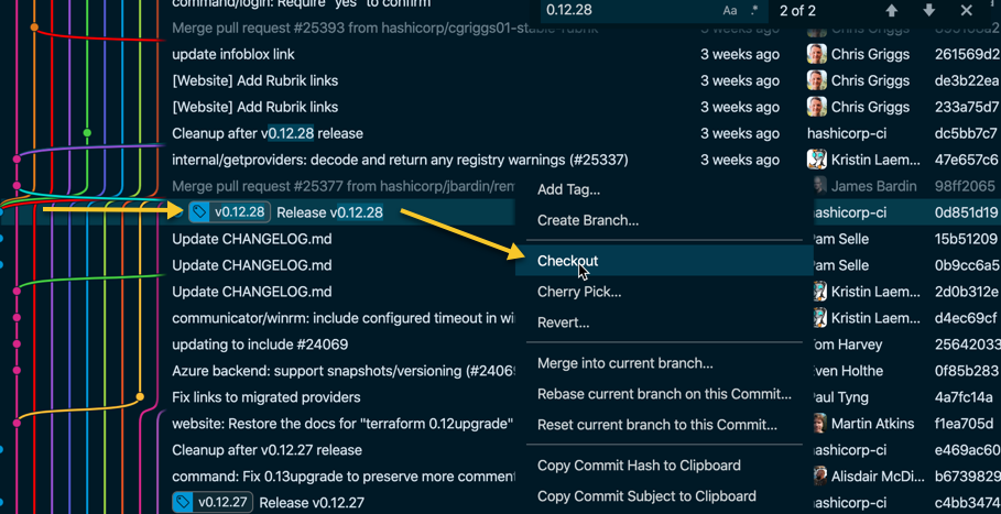 Use Git Graph to Visually Navigate A Busy Repo and Checkout a Tagged Commit